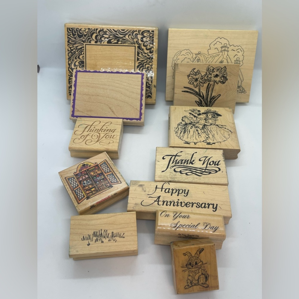 Vintage Lot Of 12 Wood Rubber Stamps Collectible Craft All Occassion